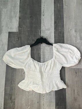 Forever 21 White Smocked Puff Sleeve Peplum Top